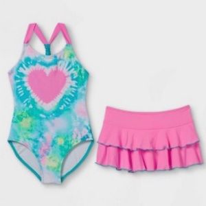 Cat & Jack Girls' Heart Tie-Dye with Skirt One Piece Swimsuit Set